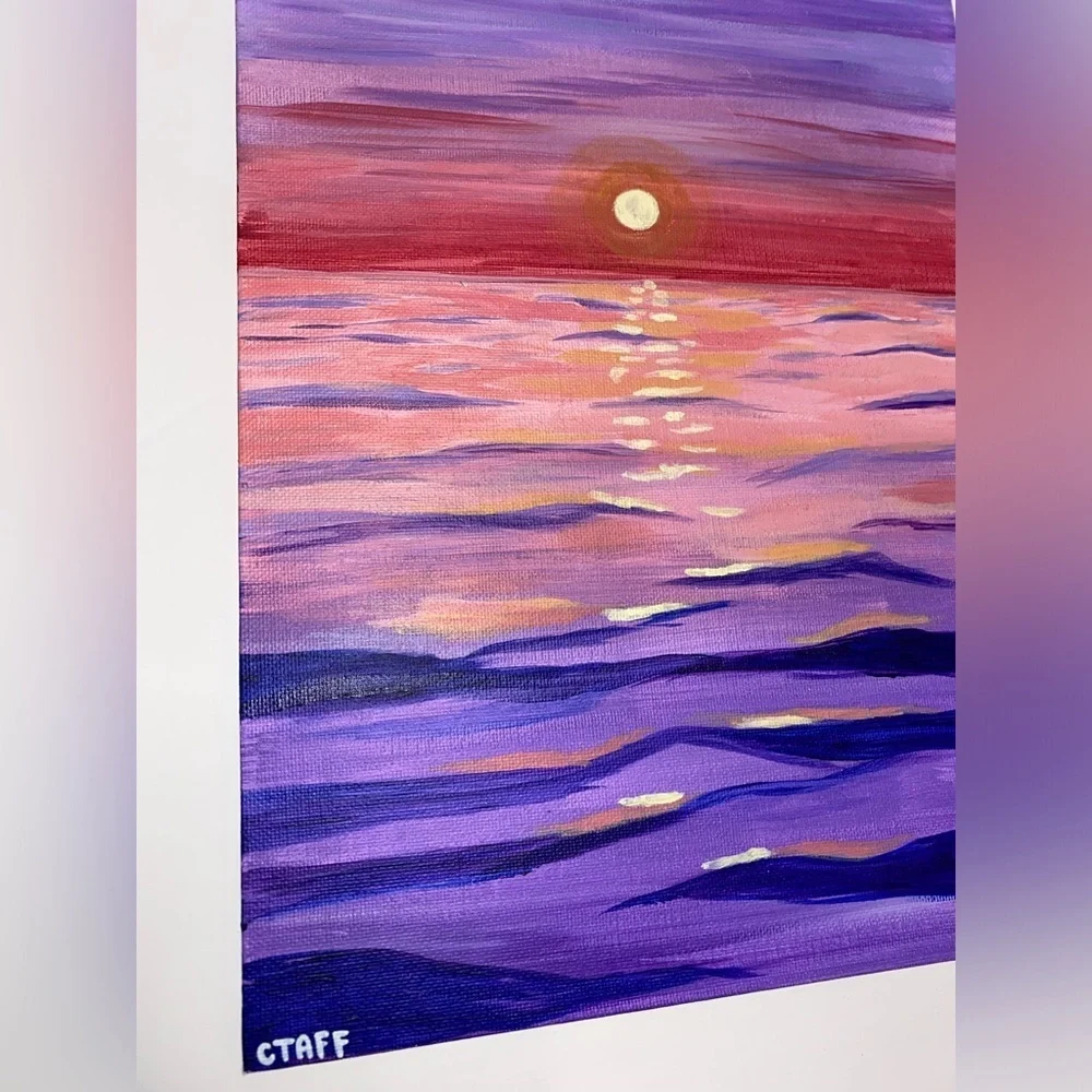 Ocean Sunset Acrylic Painting | 9x12 | Red & Purple Coastal Wall Art